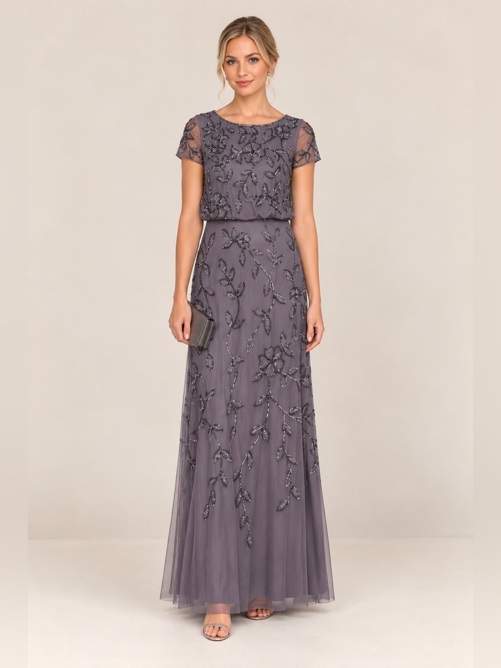 Adrianna Papell Size 4 Moonscape/Dusty Purple Beaded Floral Formal Gown NWT GALA